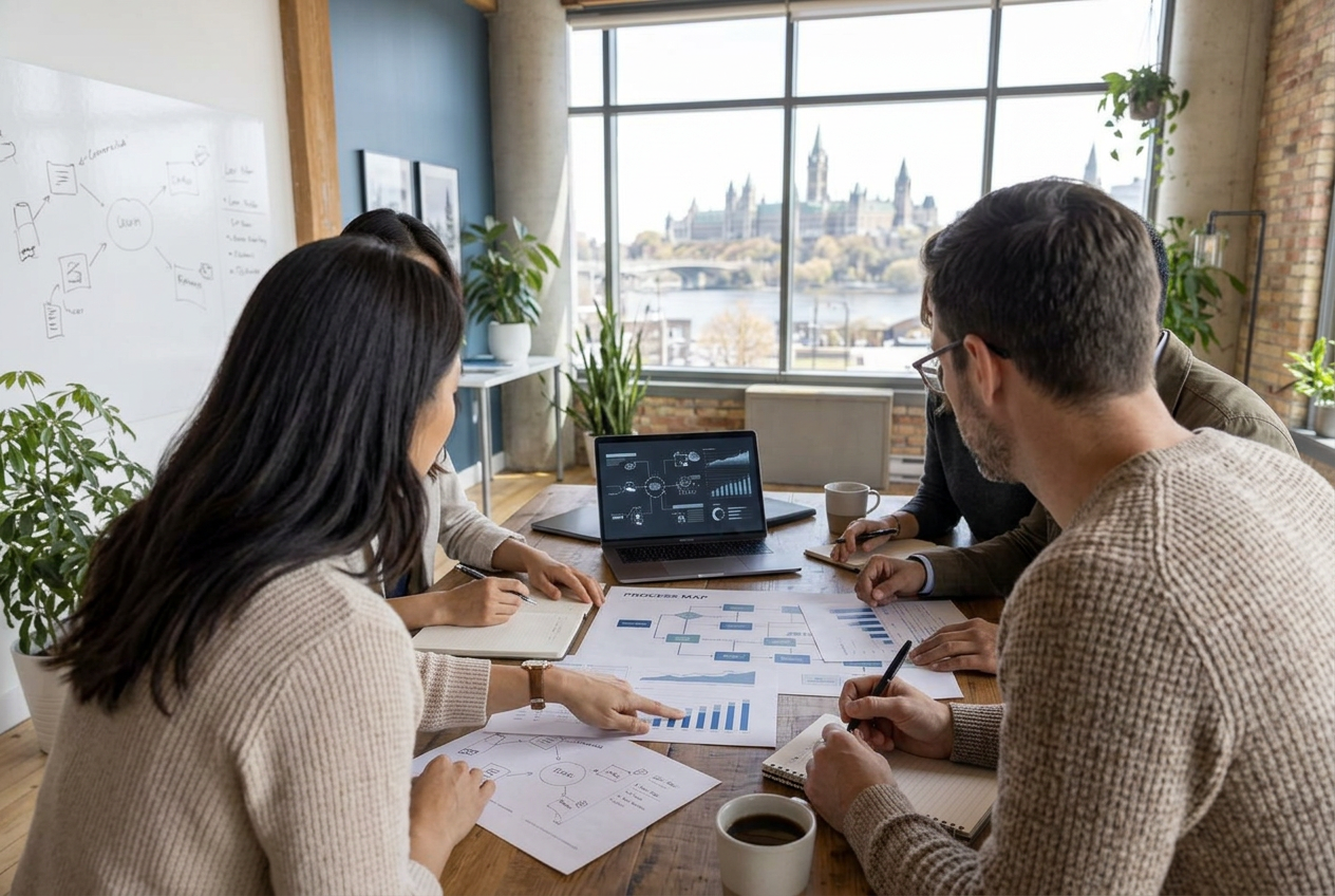 Over-the-shoulder view of a team working over a printed process map and performance charts in a casual modern agency