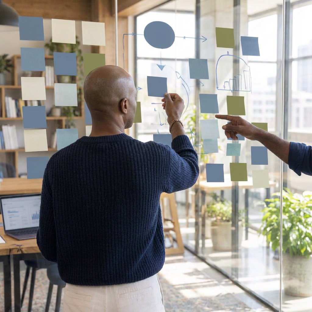 Seen from behind, strategists place sticky notes on a glass wall mapped with a hand-drawn process diagram
