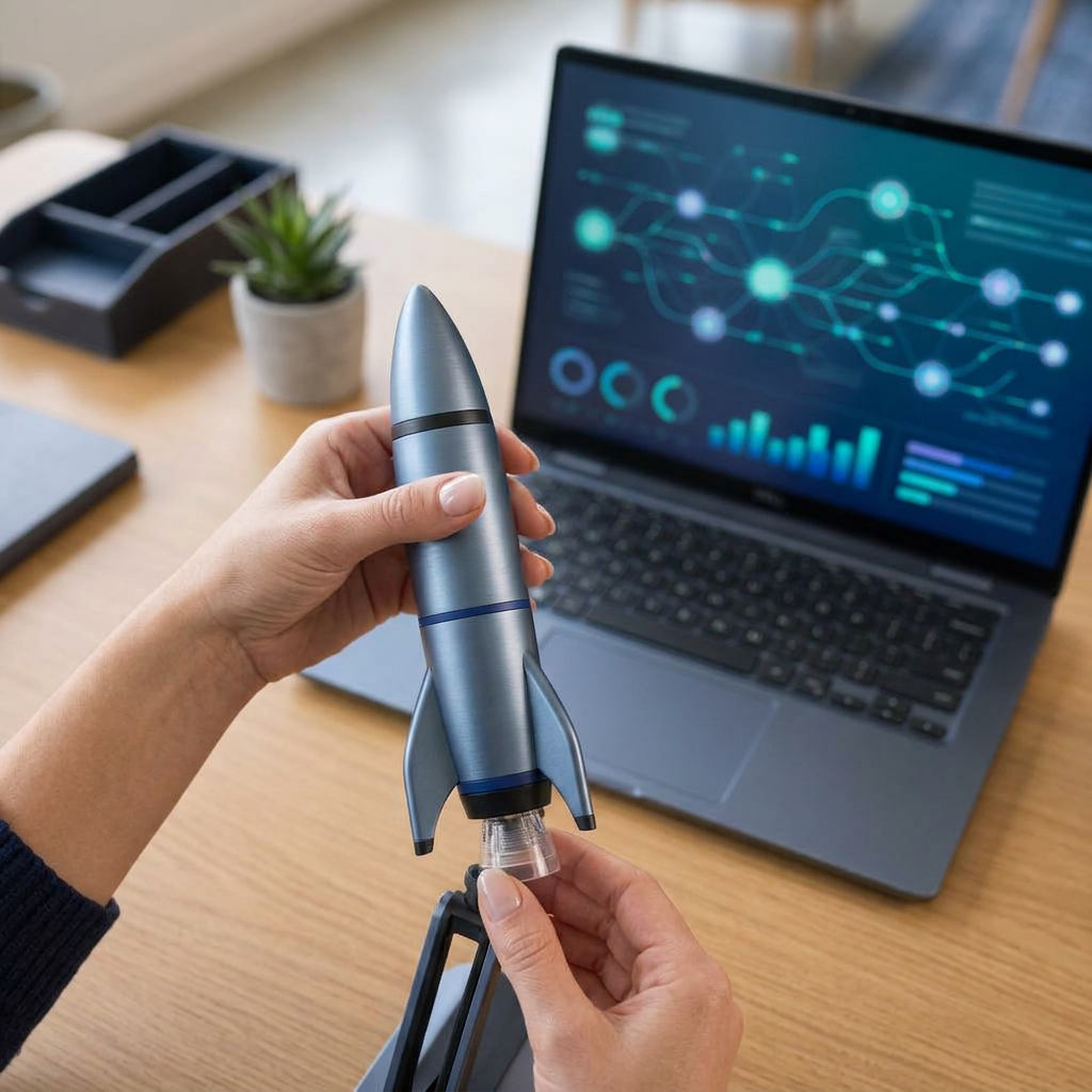Over-the-shoulder view of hands on a keyboard as AI workflow dashboards go live on two monitors