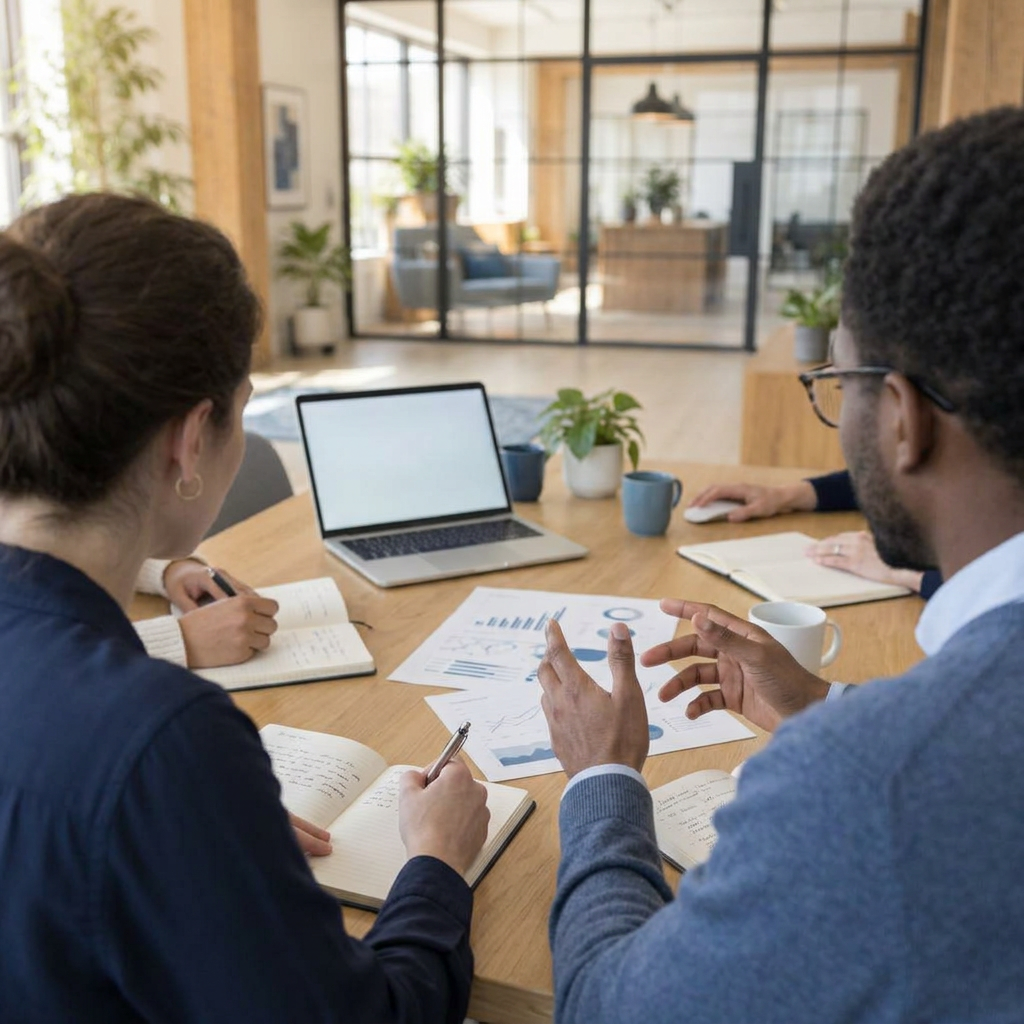 Over-the-shoulder view of a discovery conversation, hands taking notes over printed charts and a laptop in a bright modern studio